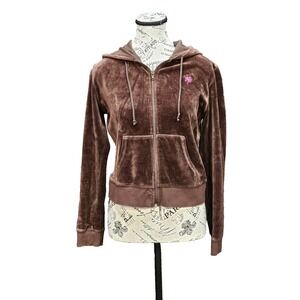 Lilly Pulitzer Velour Zip Hoodie Womens S Brown Y2K Logo Athleisure Lounge Prep